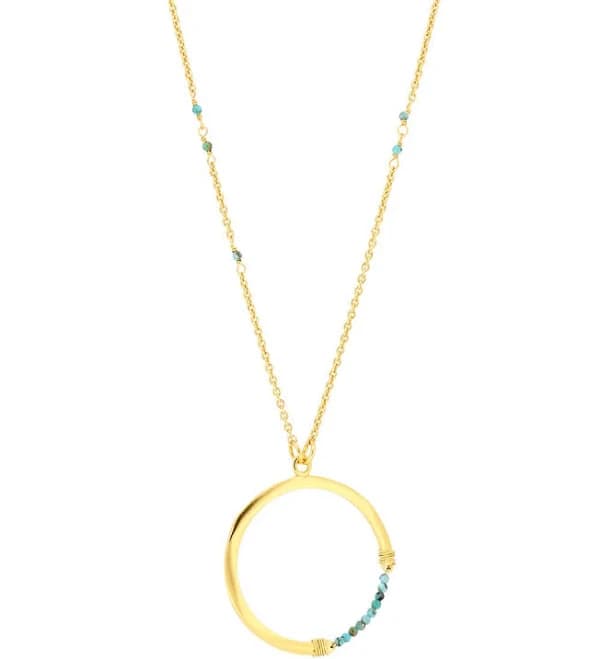 Gold-Plated Circle Pendant Necklace with Turquoise Beads