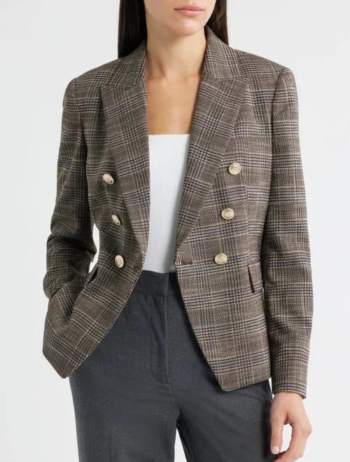 Tahari Petite Plaid Double Breasted Blazer Jacket