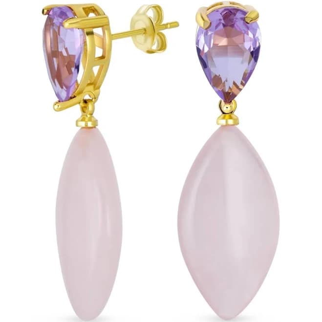 Gold Plated Pink Quartz Rhombus Teardrop Purple CZ Earrings