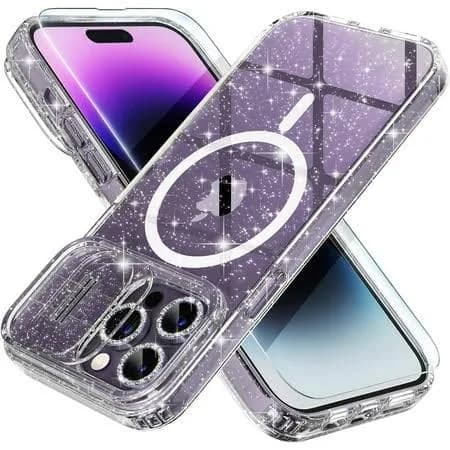 Magnetic Case for iPhone 14 Pro Max Case, Women Clear Glitter Sparkly Case, [Slide Camera Cover[Compatible MagSafe] (Glitter Clear)