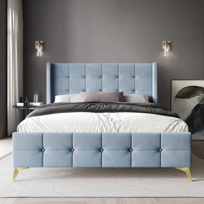 CraftPorch Luxurious Square Button-Tufted Wingback Velvet Upholstered Bed