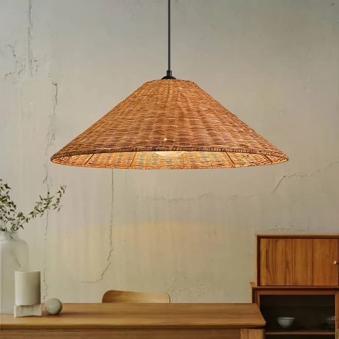 EDISLIVE 1 -Light Natural Rattan Farmhouse Cone Large Hanging Pendant Light