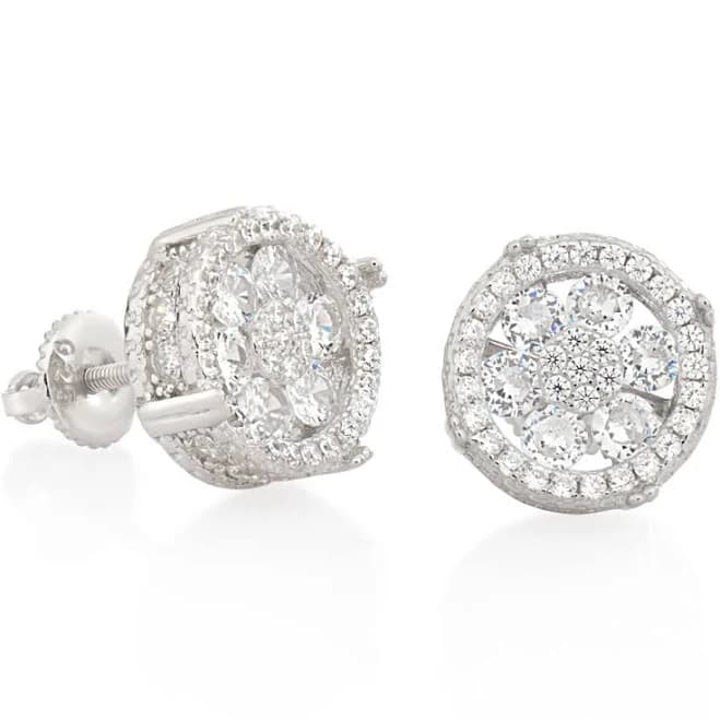 King Ice Sterling Silver Round Cluster Stud Earrings