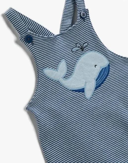 Handmade Striped Cotton Blend Overall with Fish Graphic