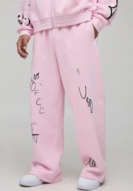 boohooMAN Men's Wide Leg Graffiti Graphic Jogger Pants