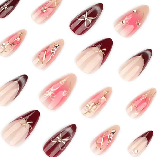24pcs 3D Gold Bow Fake Nails Red French Press on Nails Wearable Detachable Fashion Sweet Cool Almond