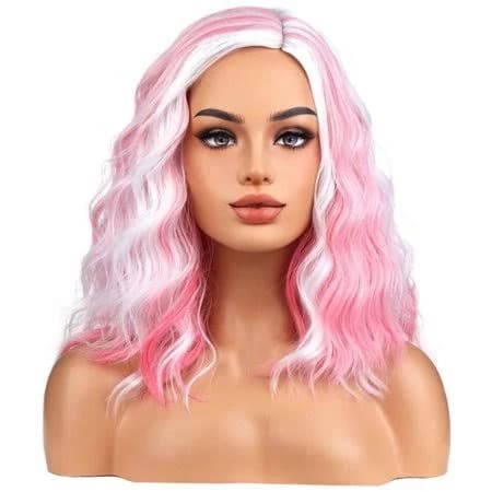 Daprziy White and Pink Wigs for Women Girls Short Curly Wavy White Mixed Pink Color Side Part Synthetic Wig for Costume Cosplay Party Daily Wig, Size:
