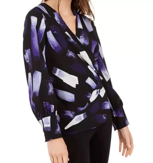 Alfani Women's Blouse Top Black Blue Purple Surplice Abstract-print