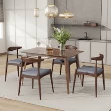 TiramisuBest 5 PCS Mid-Century Modern Dining Set, Rubberwood Table and 4 Upholstered Chairs, Walnut & Light Gray : Target