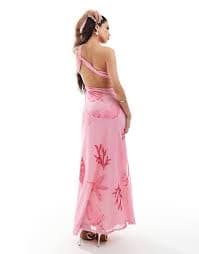 ASOS DESIGN mesh knot asymmetric maxi dress in pink shell print | ASOS