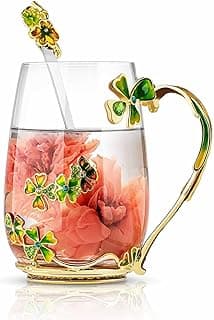 Luka Tech four-leaf clover flower Glass Coffee Mugs Tea Cup with Spoon, Unique Gifts For Women Wife Mom Friends Birthday Mothers Valentines Day Christmas (Green)
