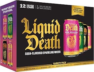 Liquid Death Soda-Flavored Sparkling Water - Modern Variety, Less Sugar*, Huge Flavor, No Caffeine, No Artificial Sweeteners, 4 Flavors: Lime, Orange, Strawberry, Piña Killada 12 Fl Oz (Pack of 12)