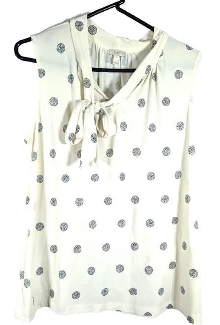 Talbots Womens Sleeveless Polka Dot Blouse With Tie Neck Ivory/black