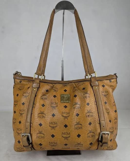 Mcm Munchen Studded Visetos Cognac Monogram Knit Leather Brown Tote