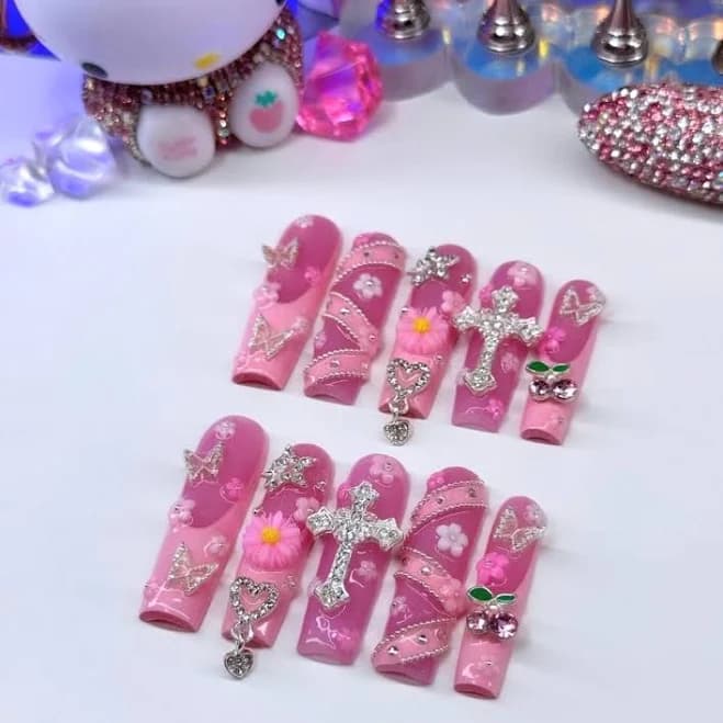Y2k Pink Acrylic Baddie French Tip Press On Nails