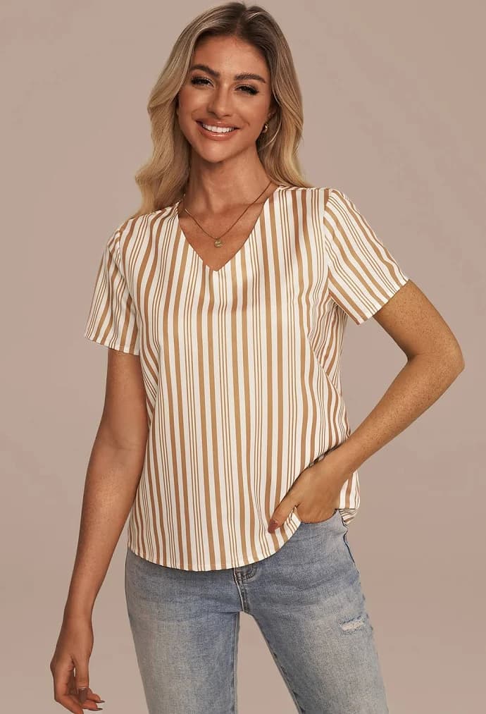 V-Neck Short Sleeve Striped Top