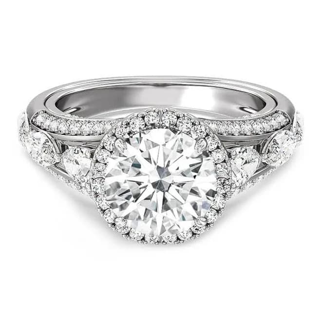 Halo Round Moissanite With Pear Side Stones Pave Engagement Ring In Sterling Silver