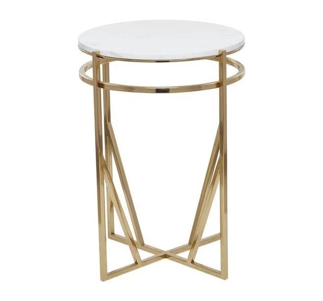 21" Round White Marble Top With Gold Geometric Metal Base Accent Table