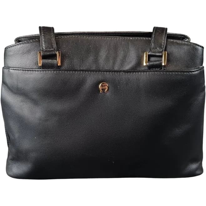 Aigner Bags | Aigner Black Leather Shoulder Handbag Gold Logo Classic Versatile Top Handle Bag | Color: Black/Gold | Size: Os | Brad_Hoke's Closet