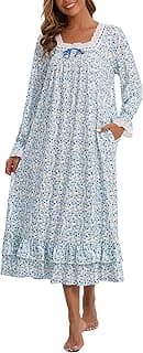 Women's Victorian Nightgown Soft Cotton Sleepwear Long Sleeve Princess Nightdress with Pockets