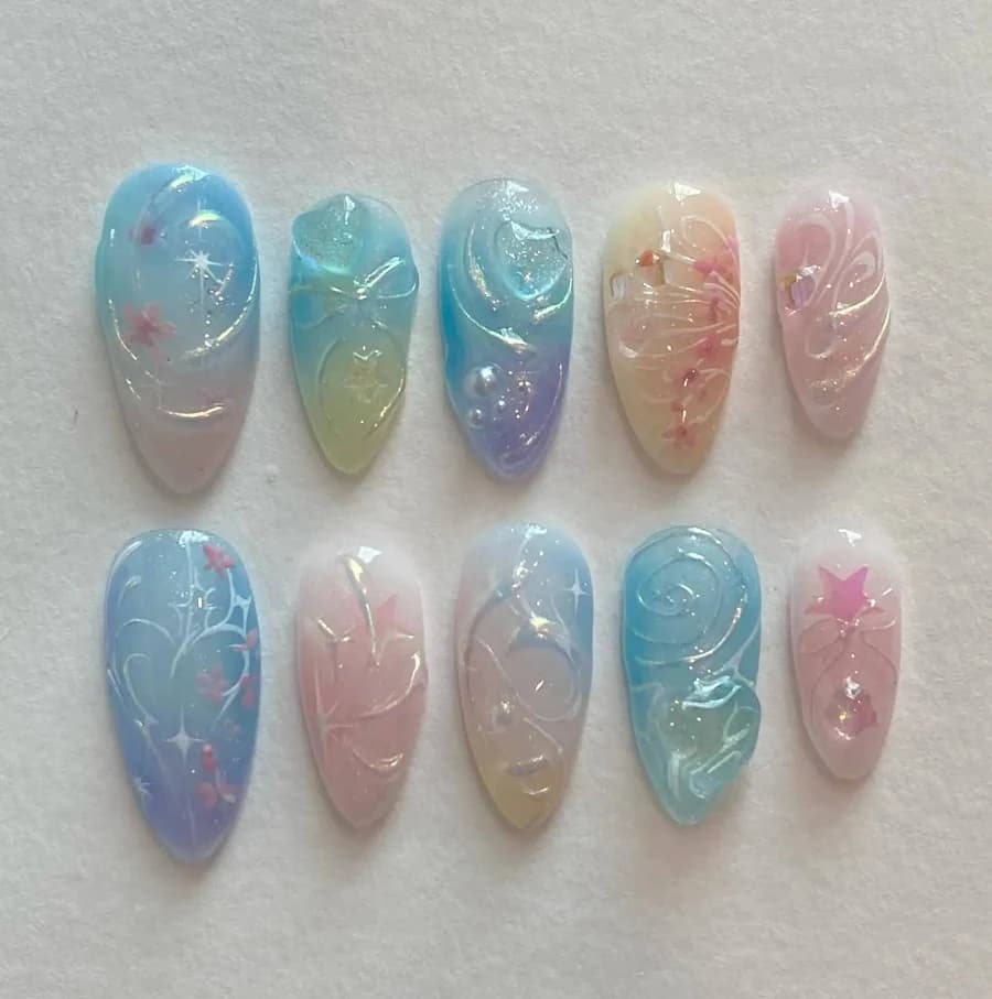 Handmade Rainbow Gradient Swirl Celestial Pastel Press On Nails