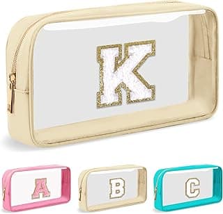 Personalized Initial Letter Clear Makeup Bag,Preppy Small Nylon&PVC Cosmetic Zipper Bag with Chenille Letter,Portable Beach Travel Skincare Toiletry Bag,Trendy Monogram Gift for Teen Girls Women,K