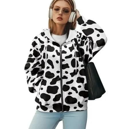 Yuyamidu Oversized Sweatshirt Cow Print Hoodies for Women Fashion Zip Up Hoodies Soft Plus Size Sweatshirt Fall Coats for Women 2025 Warm Jacket