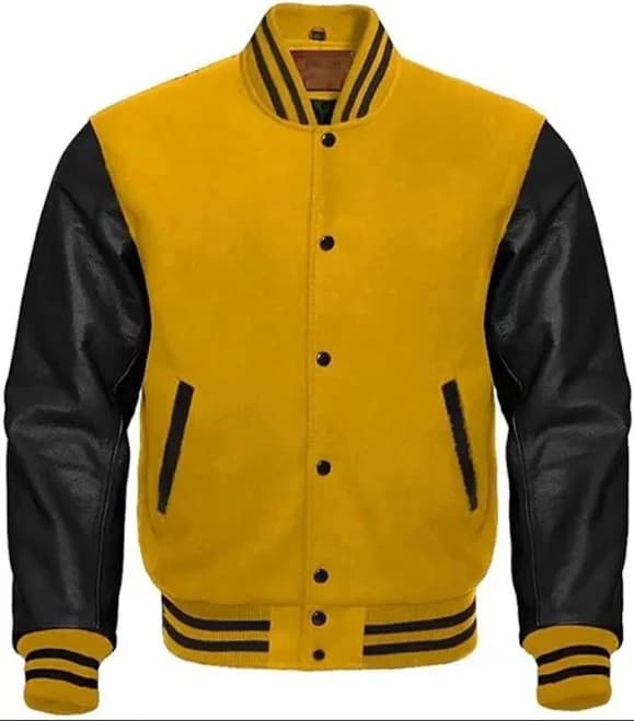 Mustard Wool & Black Genuine Leather Varsity Jacket For Men Lettermen