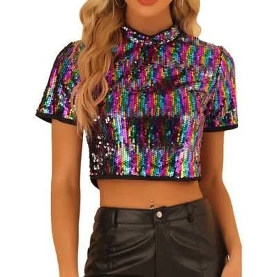 Allegra K Women's Sparkle Sequin Short Sleeve T-Shirt