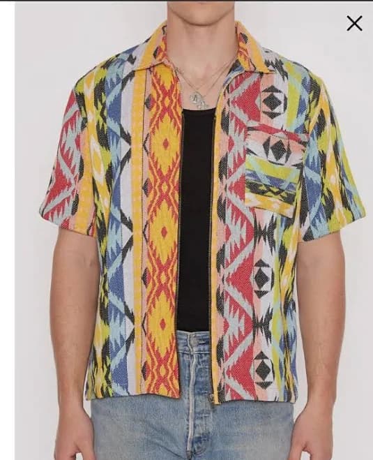 Raga Geometric Pattern Xlarge All Cotton Shortsleeve Zip Up Shirt