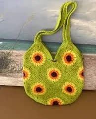 Lime Green Classic Crocheted Granny Square Sunflower Bag