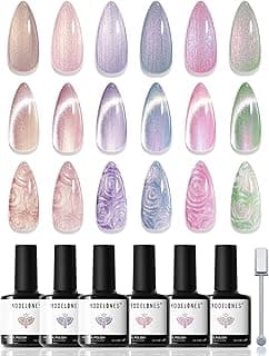 modelones Cat Eye Gel Nail Polish, 6 Colors Shimmer Pearl Magnetic Nail Drawing Set with Magnet, Iridescent Mermaid Swirl Shell Thread Purple Pink Blue Glitter, DIY Manicure Gift for Women Girl