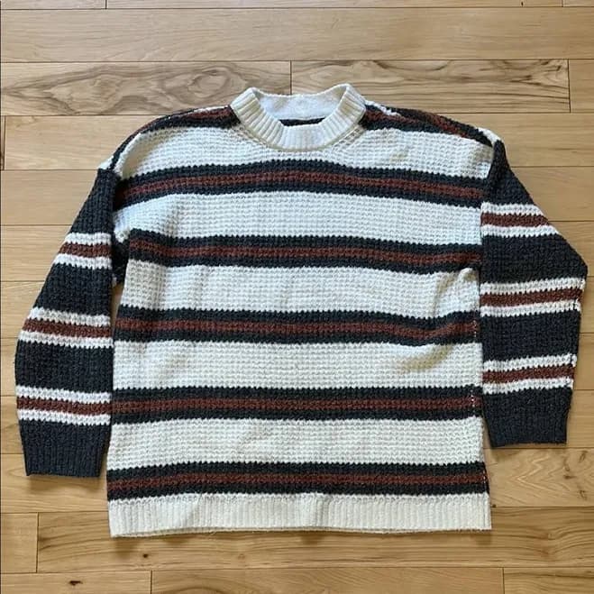 American Eagle Outfitters Sweaters | American Eagle Outfitters Striped Crewneck Sweater - Black, Brown, Cream | Color: Brown/Cream | Size: Xs | Pm-