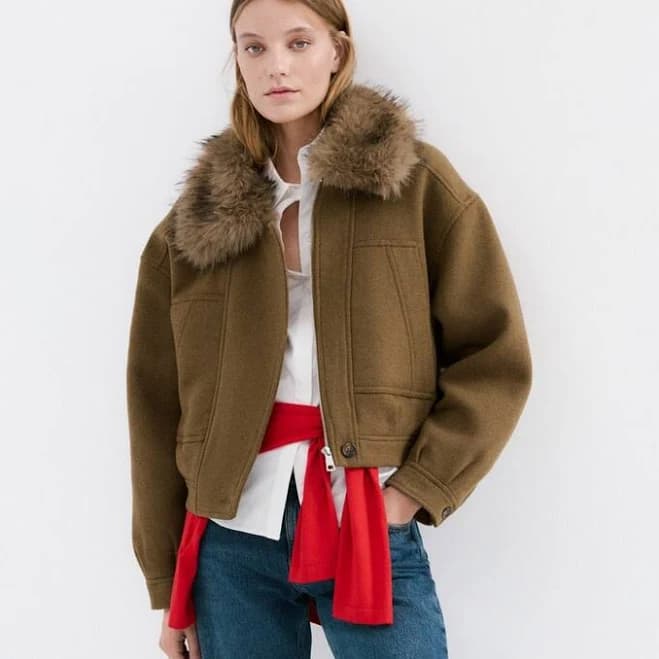 MANGO Women's Wool Blend Fur Collar Jacket