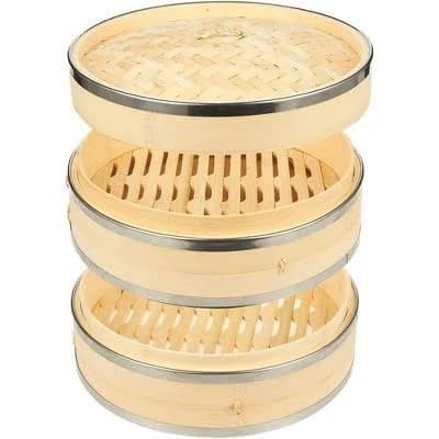 Juvale 2-Tier Bamboo Steamer Basket with Steel Rings
