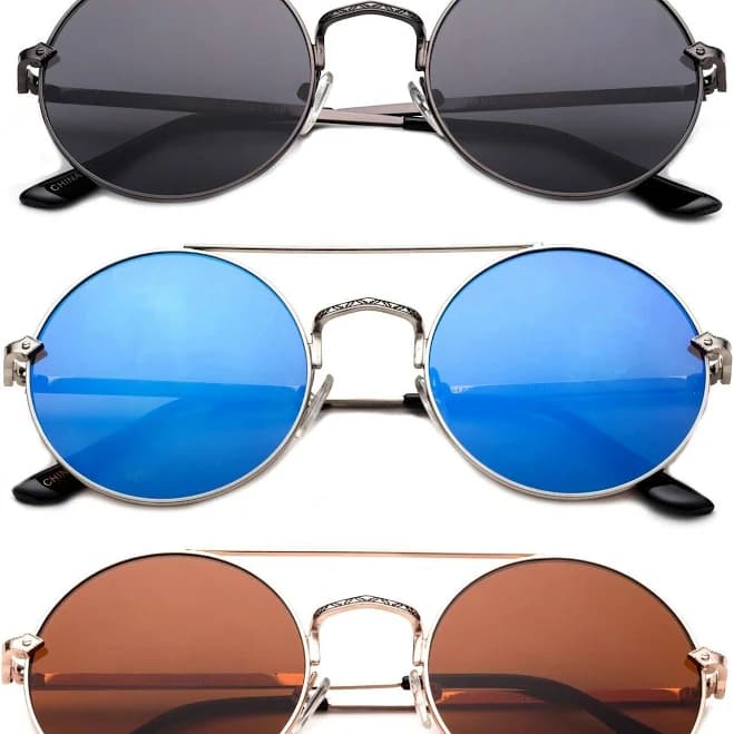 3 Pack Round Metal Frame Circle Rim Dual Bridges Fashion Sunglasses