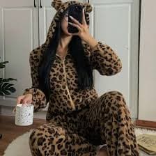 Coral Fleece Ladies Pajamas Adult Onesies for Women Winter Cute Ear Leopard Jumpsuit Hooded Pajamas Warm Sleepwear Home Clothes - AliExpress