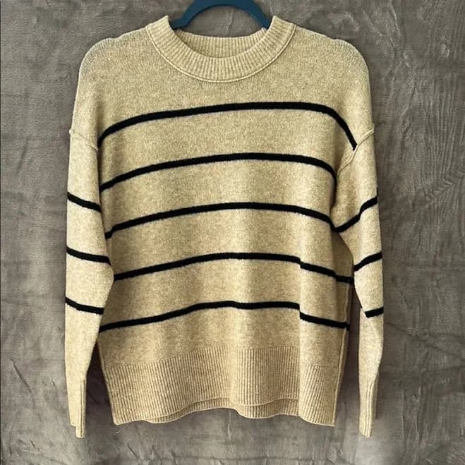 Aerie Tan And Black Crewneck Classic Stripes Sweater