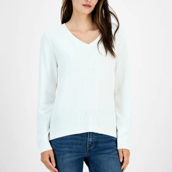 Nautica Women's Cotton V-Neck Textured Sweater