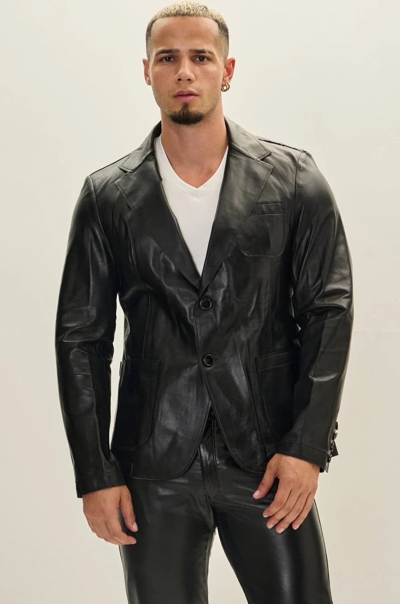 Ron Tomson Classic Two-Button Leather Blazer