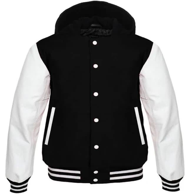 Hooded Varsity Lettermen Jacket Black with White Genuine Leather Sleeves