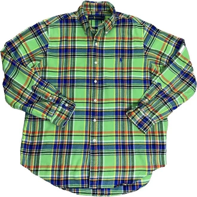 Ralph Lauren Green Blue Plaid Flannel Mens Large Button Up Shirt