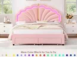 Amazon.com: Keyluv Queen Princess Bed Frame with Storage Drawers, Soft Velvet Upholstered LED Platform Bed with Adjustable Modern Shell Headboard, No Box Spring Needed, Noise-Free, Pink : Home & Kitchen
