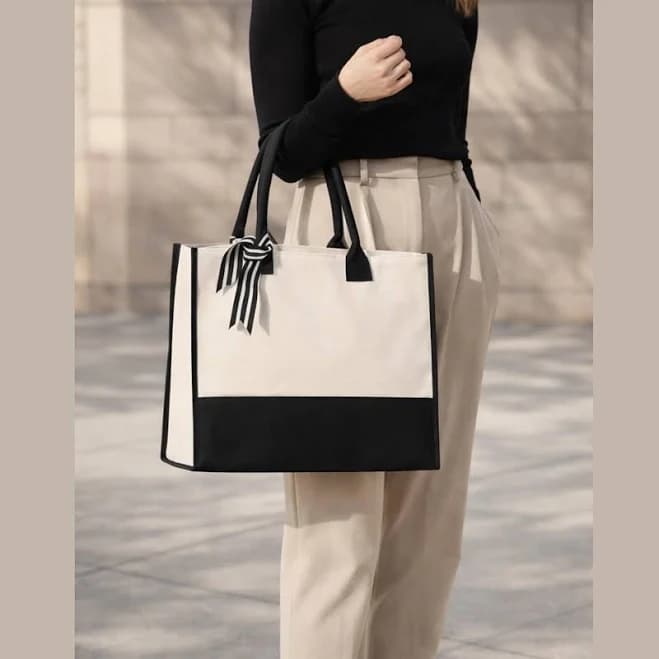 Black Cream Canvas Tote Bag with Zipper Pocket | Elegant Everyday Carryall