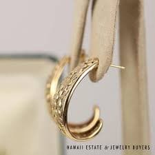 Ming's Sakura Cherry Blossom J Hoop 14k Yellow Gold Curved Earrings with Box - Hawaii Estate & Jewelry Buyers