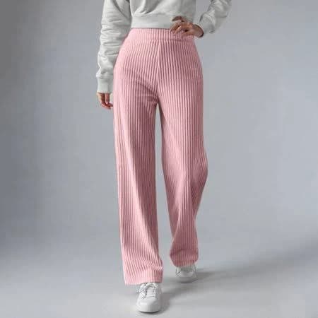 Dndif Women's Ribbed Knit Pants, High Waist Wide Leg Thermal Lined Trousers with Elastic Waistband, Winter Warm Lounge Pants for Casual Comfort and