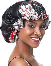 SENG TERM Women Adjustable Satin Bonnet Silky Sleep Cap Hair Bonnet Double Layered Reversible for Curly,Natural, Hair (XL-ADULT, XL Black Flower): Buy Online at Best Price in UAE - Amazon.ae