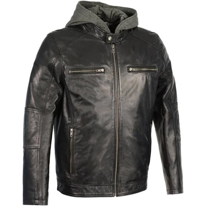 Men's Leather Moto Jacket with Removable Hood