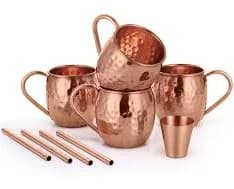 Avador® Set of 4 Handcrafted 100% Pure Copper Moscow Mule Mugs with Shot Glass, Straws and Wooden Coasters Hammered Finish 16 Oz. Elegant Modern Set for Special Occasions | Gifting | Wedding Favors