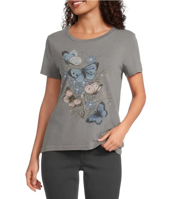 Lucky Brand Women's Floral Butterfly Motif Classic Crewneck T-Shirt